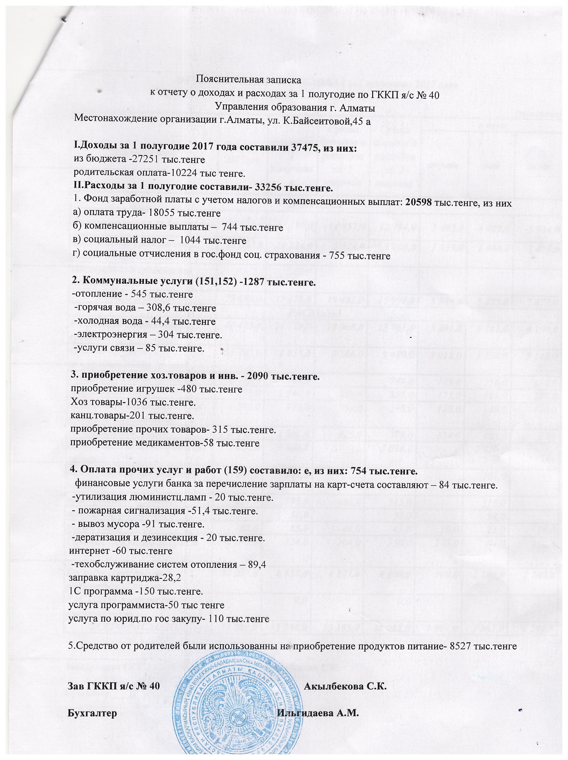 Отчет о доходах и расходах 1 полугодие 2017 г