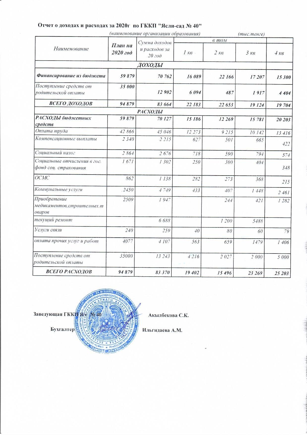 Отчет о доходах и расходах 2020 г