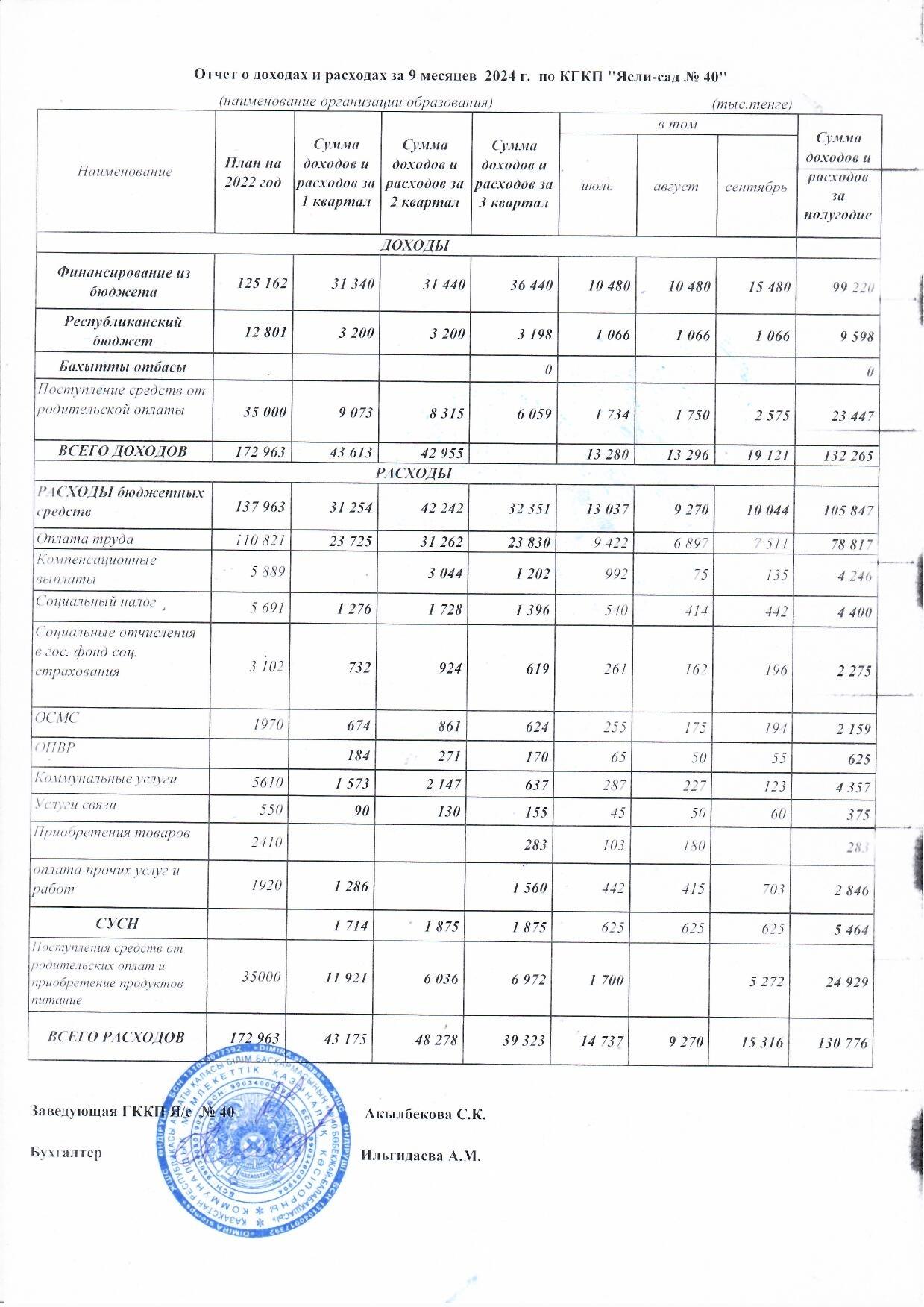 Отчет о доходах и расходах за 9 месяц 2024 г.